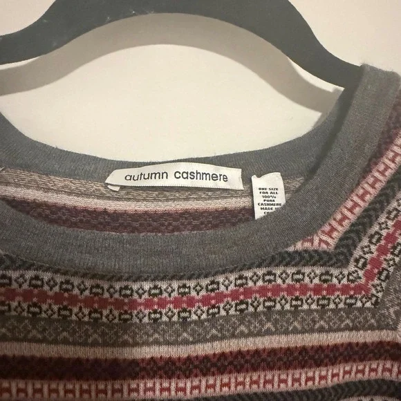 Autumn Cashmere Womens 100% Cashmere Fair Isle Stripe Oversized Sweater Grey Red - Picture 3 of 3